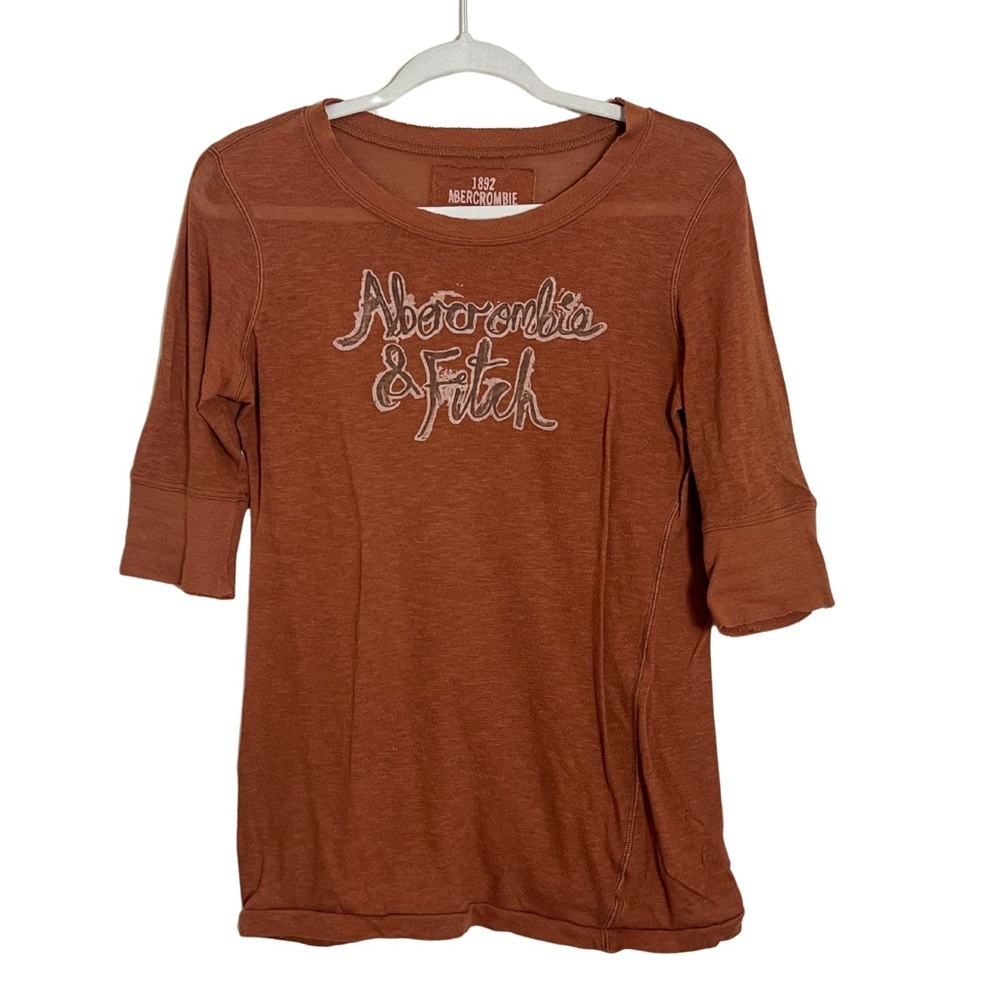 Abercrombie & Fitch Brown Semi-Sheer Graphic Logo‎ Top Size Medium Casual Fitted